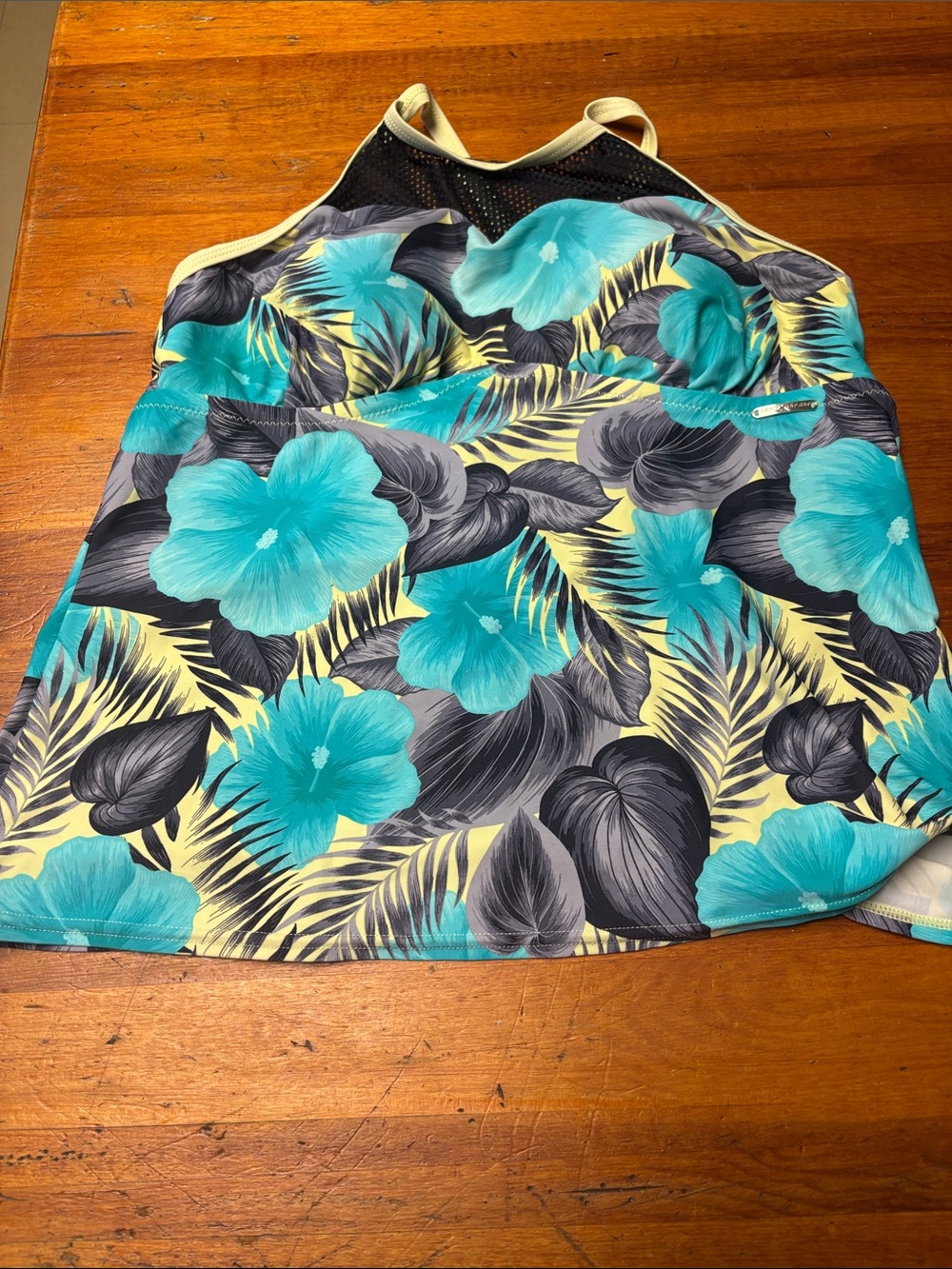 ZeroXposur Teal Floral High-Neck Tankini Top with Black and Cream Accents